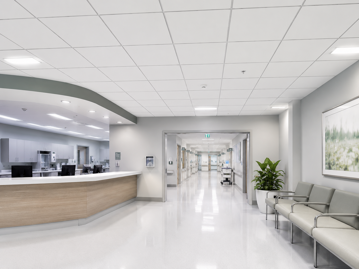 Clean clinical white healthcare corridor with EcoTAG ceiling tiles installed